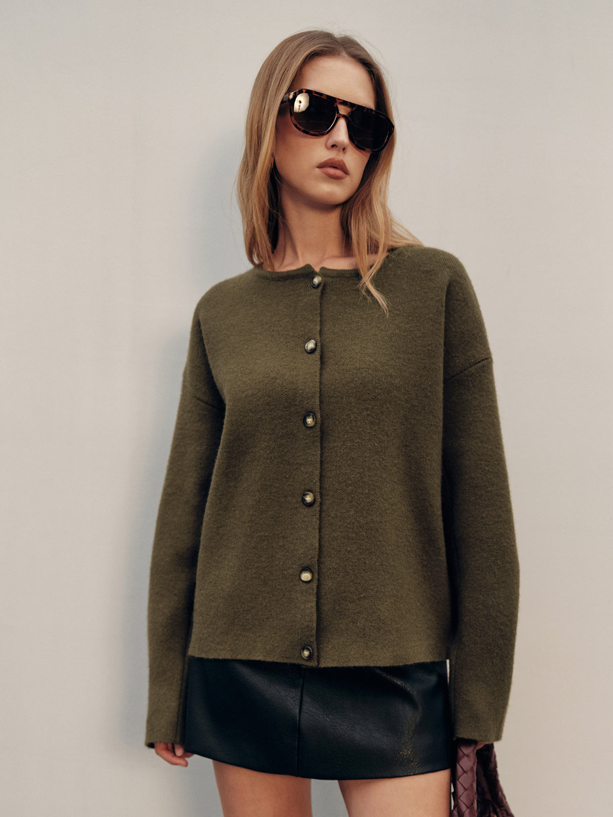 Button-Front Knit Cardigan with Scarf Detail, Cozy Long Sleeve Layering Sweater
