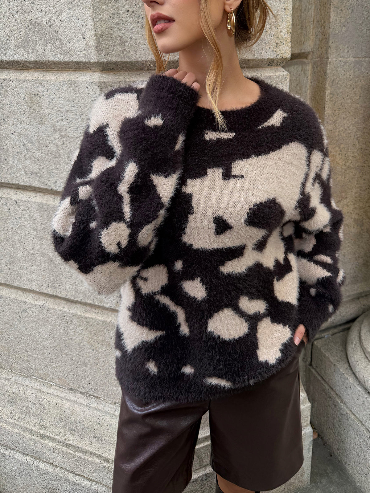 Cow Print Fuzzy Crew Neck Sweater, Cozy Winter Fashion Pullover