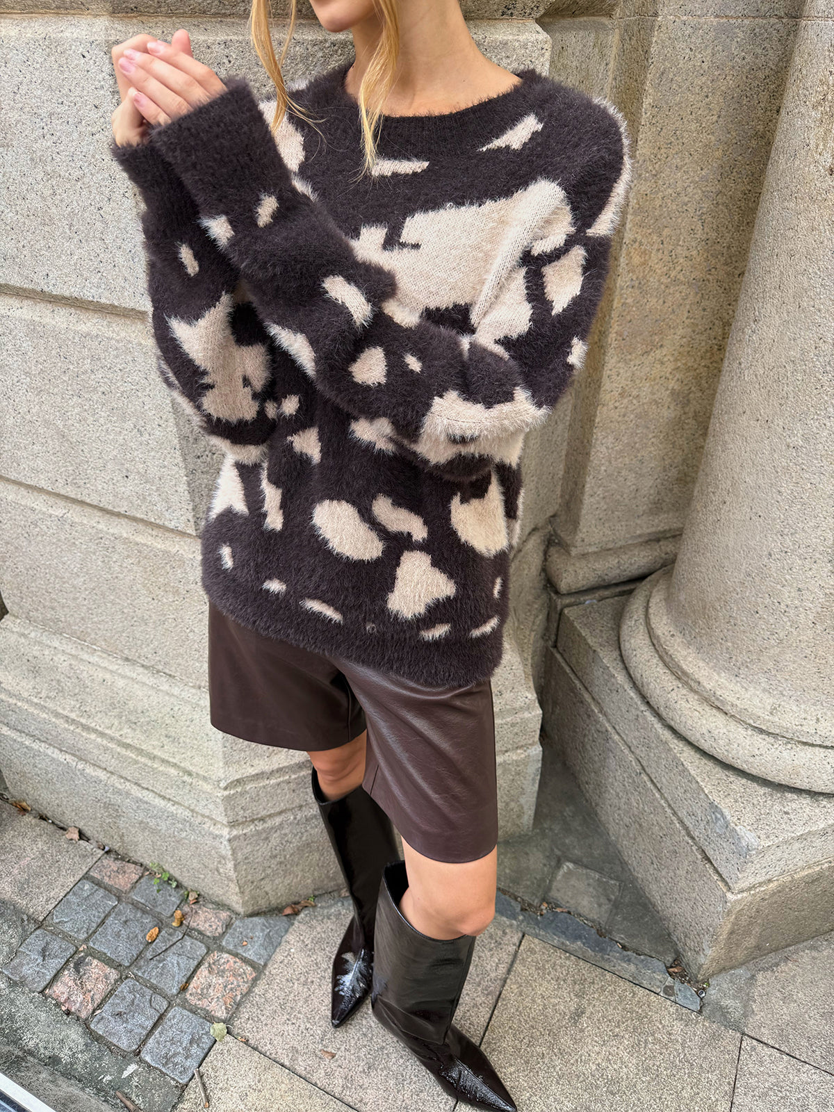 Cow Print Fuzzy Crew Neck Sweater, Cozy Winter Fashion Pullover