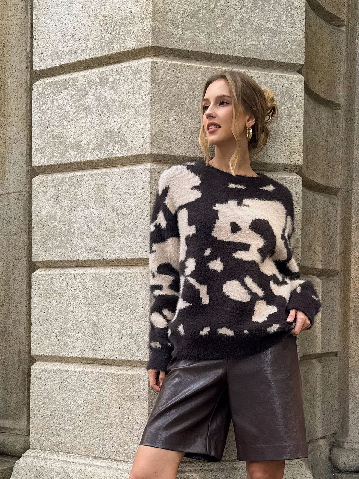 Cow Print Fuzzy Crew Neck Sweater, Cozy Winter Fashion Pullover