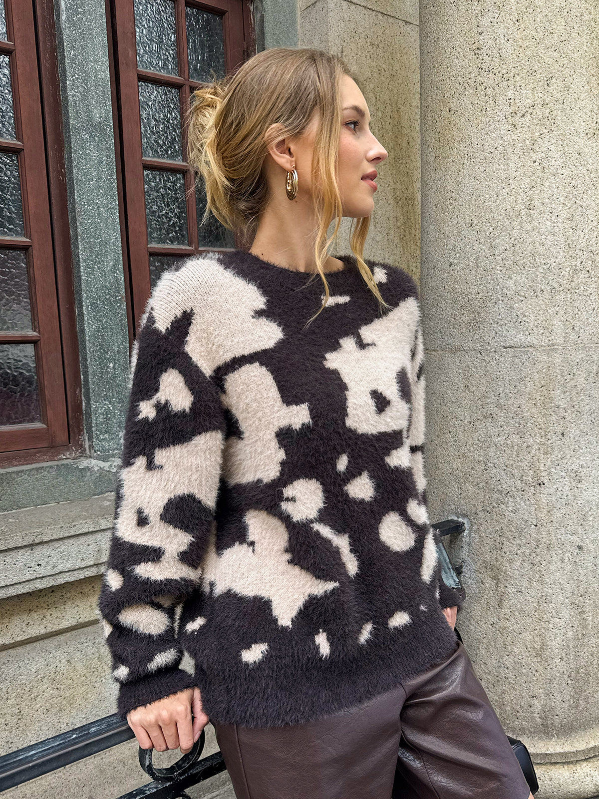 Cow Print Fuzzy Crew Neck Sweater, Cozy Winter Fashion Pullover