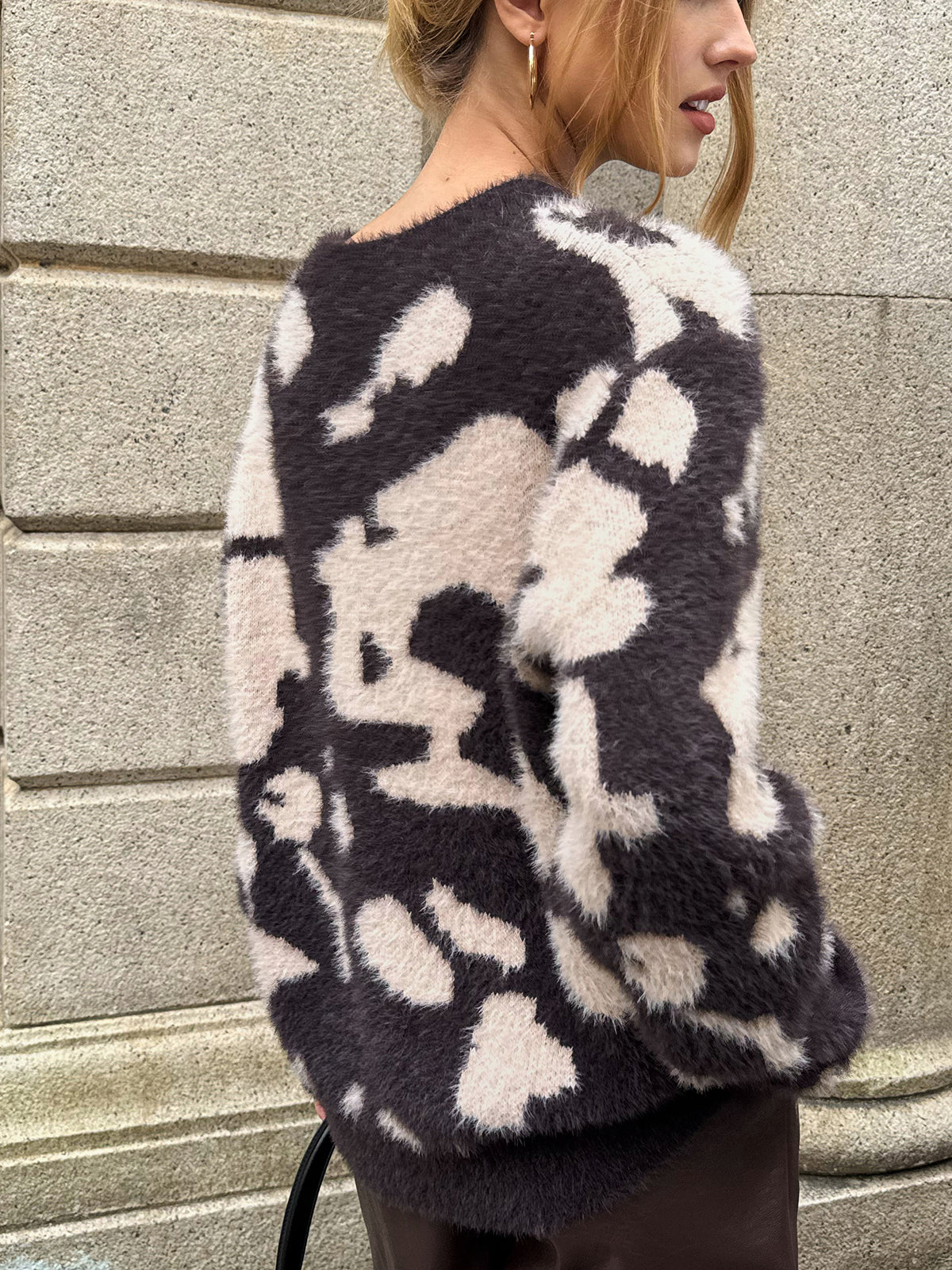 Cow Print Fuzzy Crew Neck Sweater, Cozy Winter Fashion Pullover