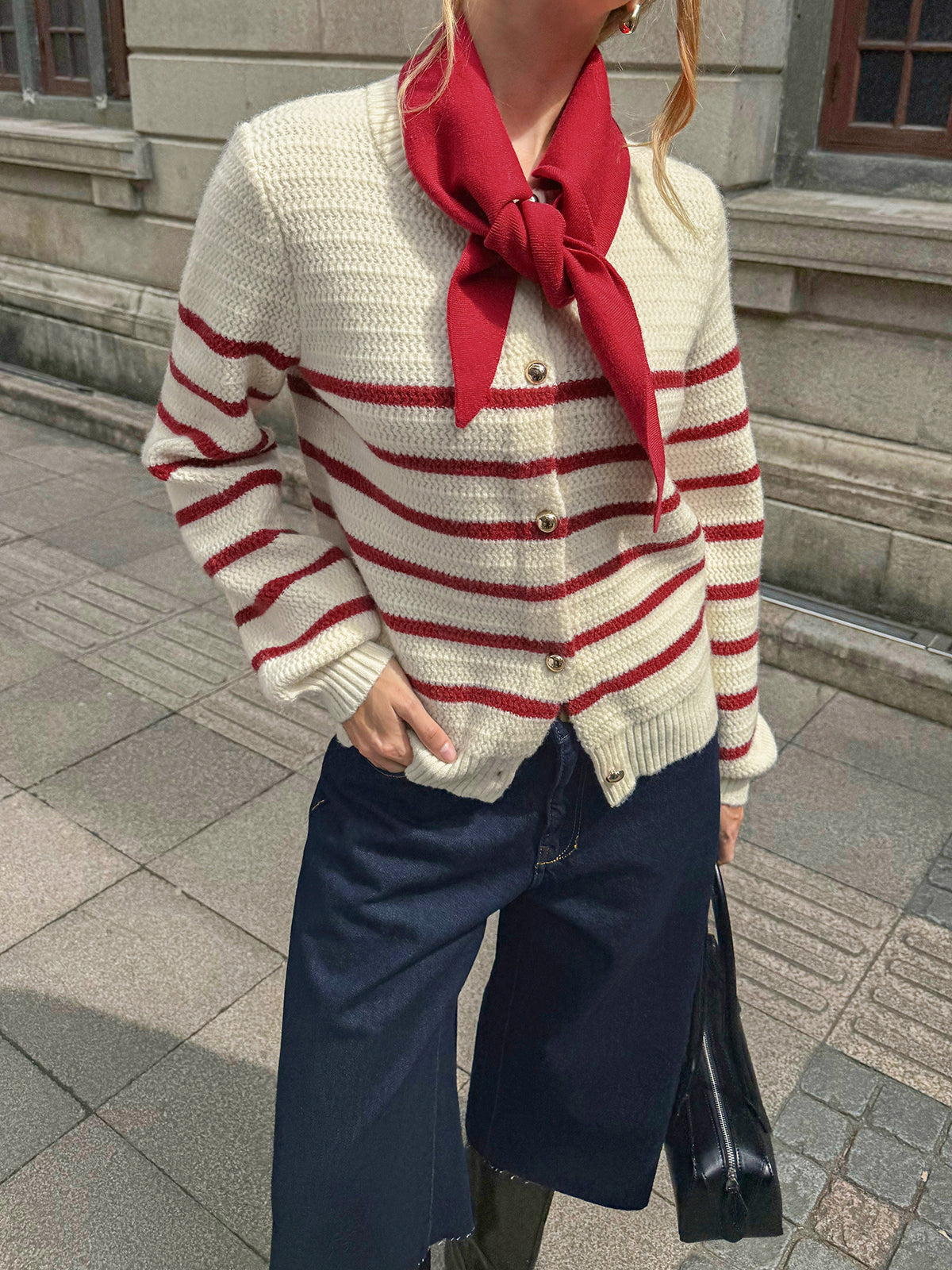 Striped Metal Button Cardigan with Deep Pockets and Long Sleeves
