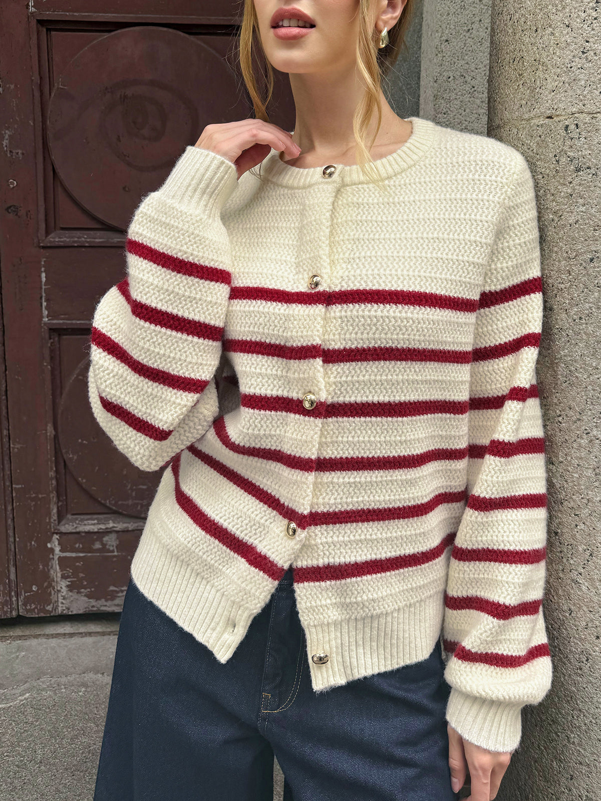 Striped Metal Button Cardigan with Deep Pockets and Long Sleeves