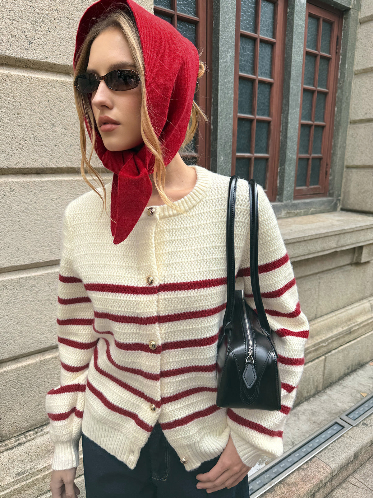 Striped Metal Button Cardigan with Deep Pockets and Long Sleeves