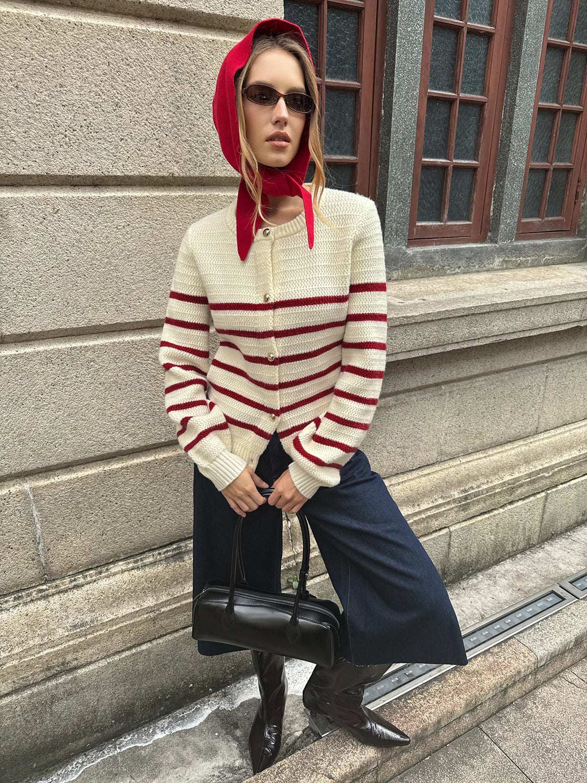 Striped Metal Button Cardigan with Deep Pockets and Long Sleeves
