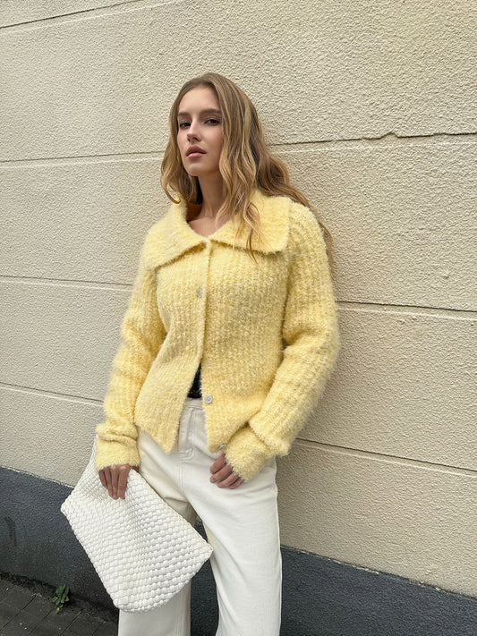 Wool Blend Collared Knit Cardigan - Comfortable Layered Outerwear Style