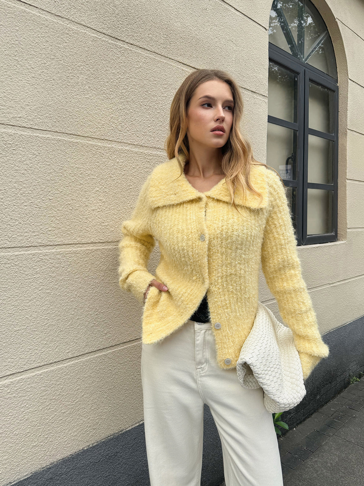 Wool Blend Collared Knit Cardigan - Comfortable Layered Outerwear Style