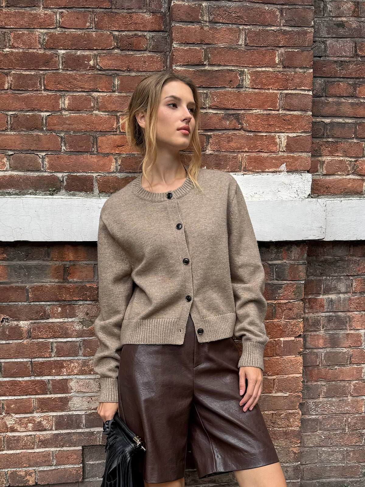 Crew Neck Button-Front Knit Cardigan for Women with Pockets