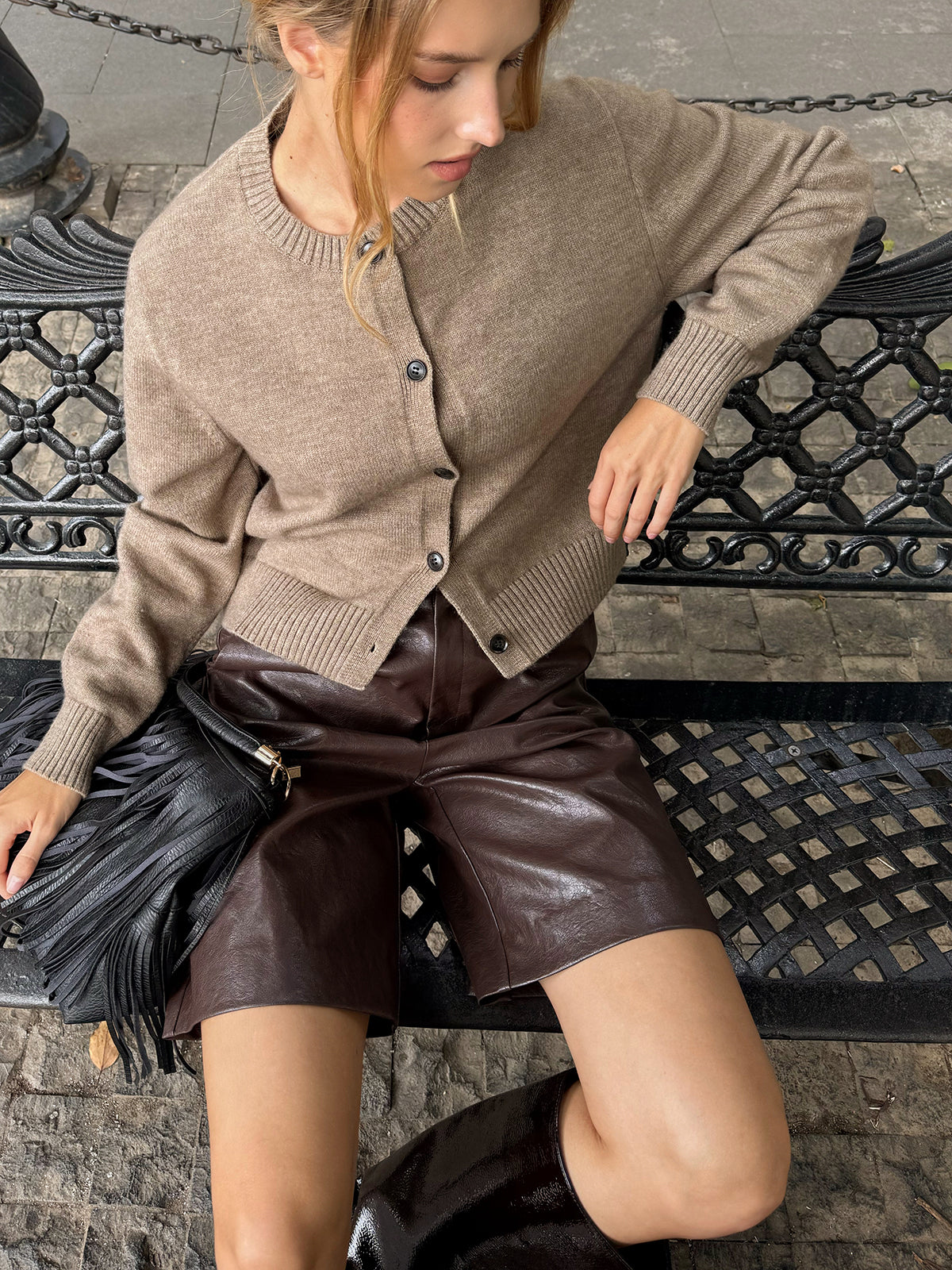 Crew Neck Button-Front Knit Cardigan for Women with Pockets