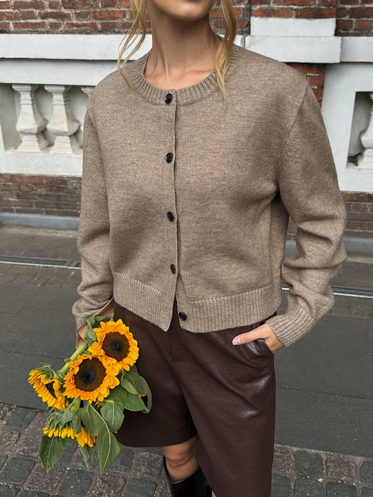 Crew Neck Button-Front Knit Cardigan for Women with Pockets
