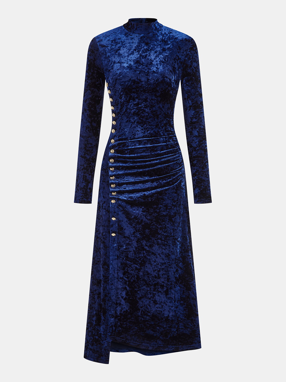 Metal Button Ruched Velvet Maxi Dress with Elegant Long Sleeves