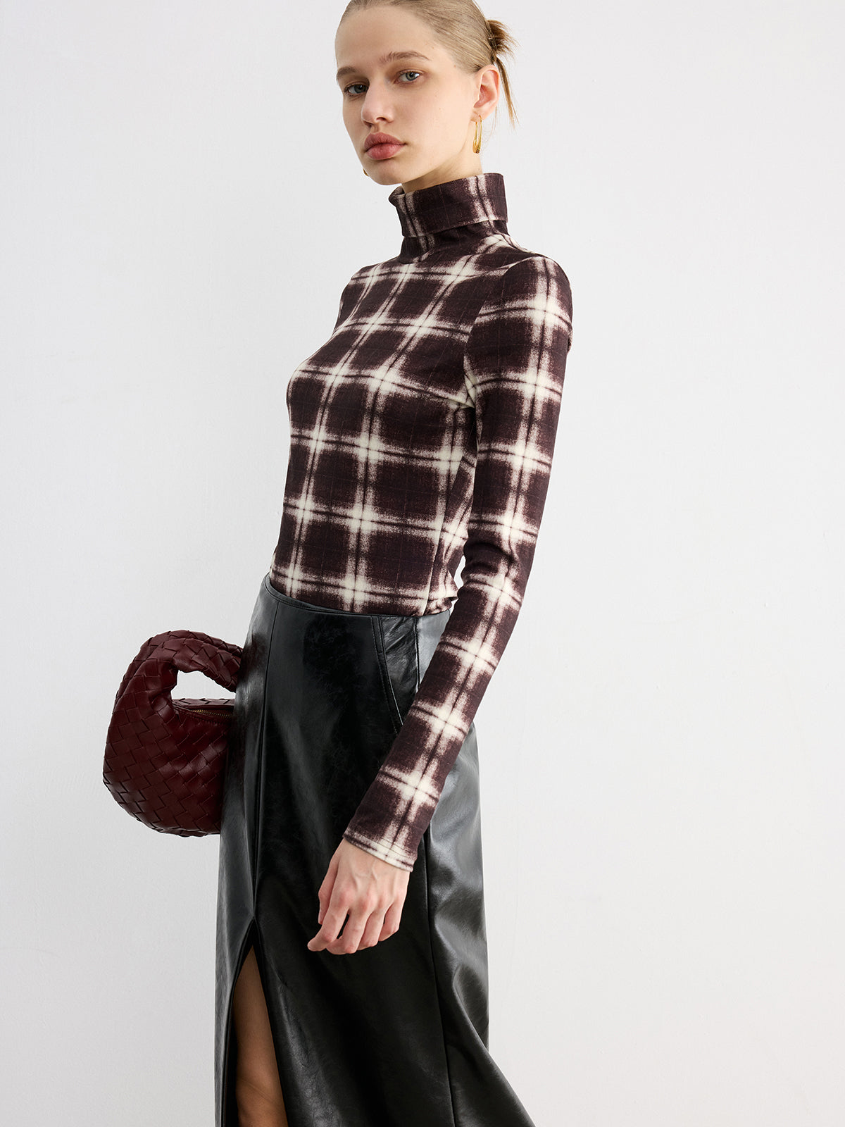 Plaid Slim Turtleneck Blouse Long Sleeve Fall Fashion