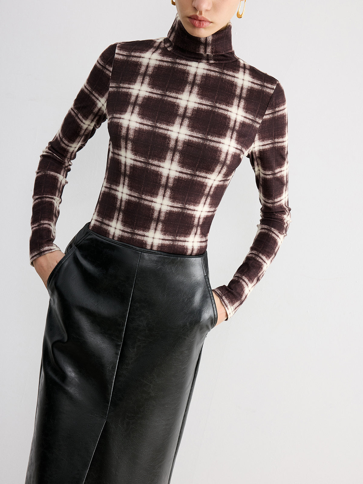 Plaid Slim Turtleneck Blouse Long Sleeve Fall Fashion