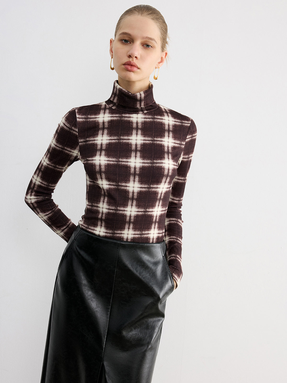 Plaid Slim Turtleneck Blouse Long Sleeve Fall Fashion
