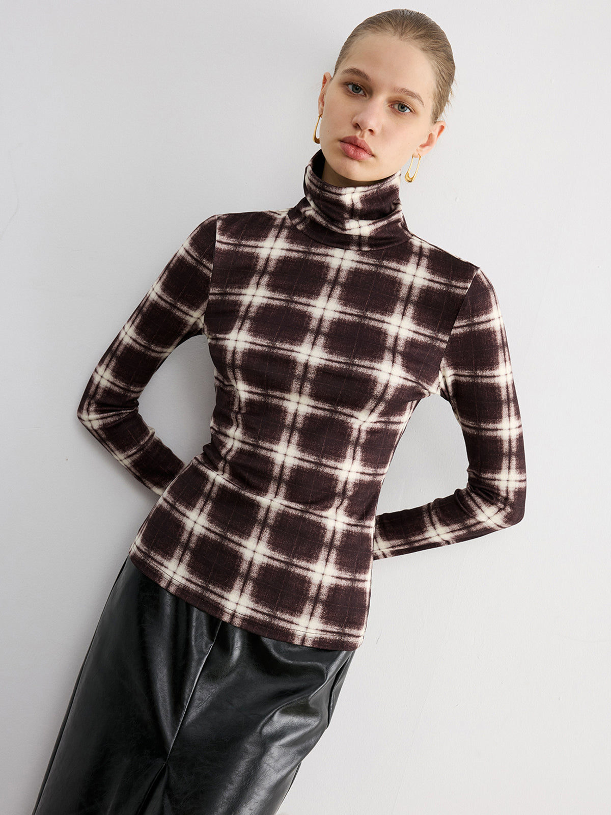 Plaid Slim Turtleneck Blouse Long Sleeve Fall Fashion