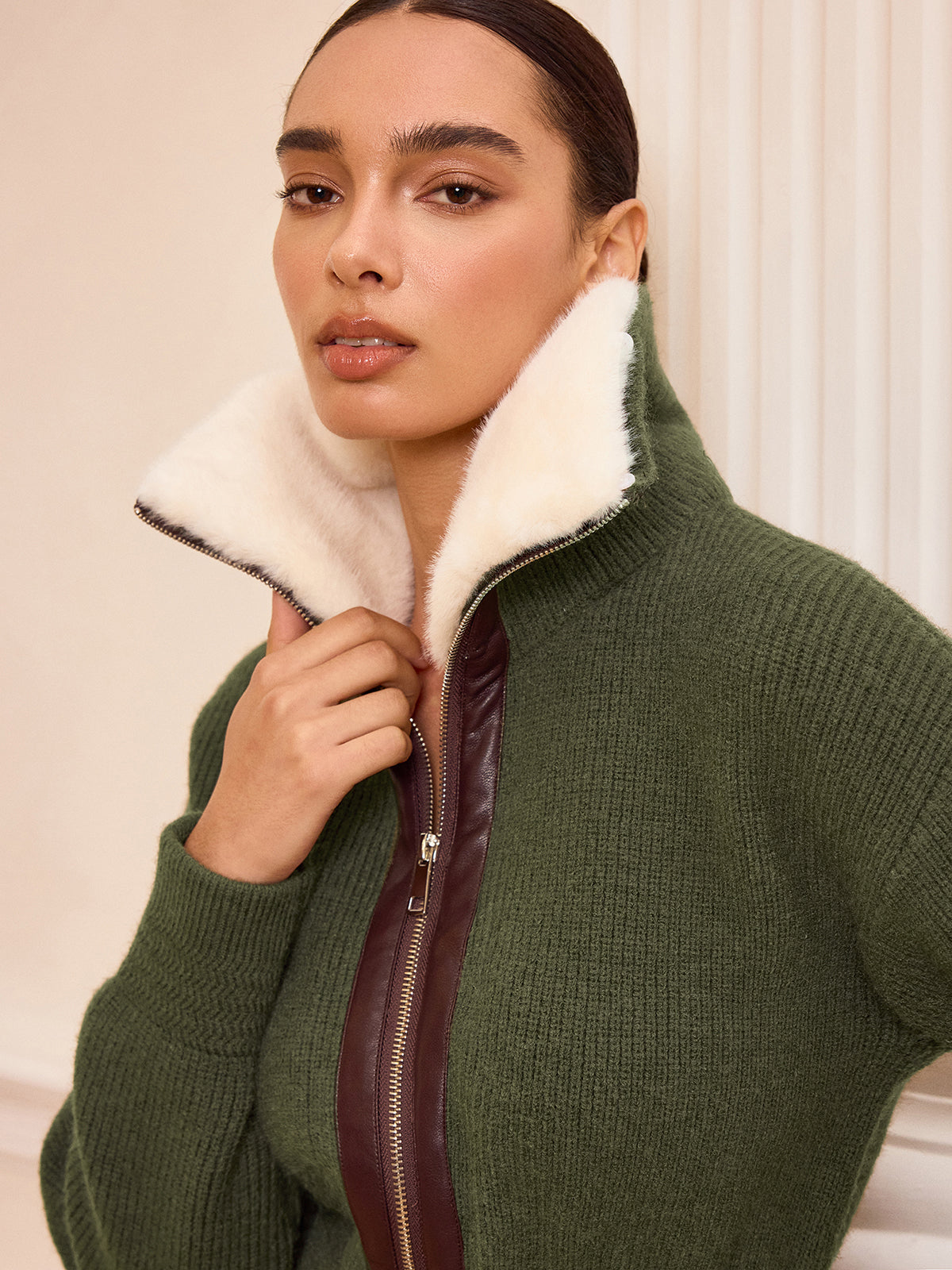 Faux Fur Collar Zip-Front Knit Outerwear Women's Winter Coat Essentials