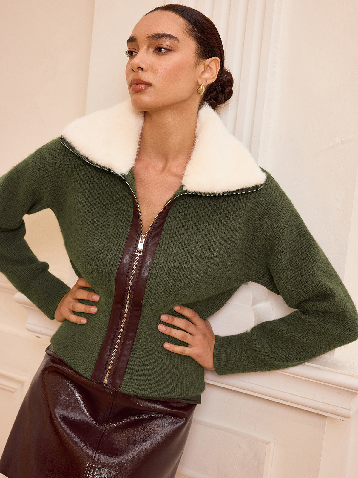 Faux Fur Collar Zip-Front Knit Outerwear Women's Winter Coat Essentials