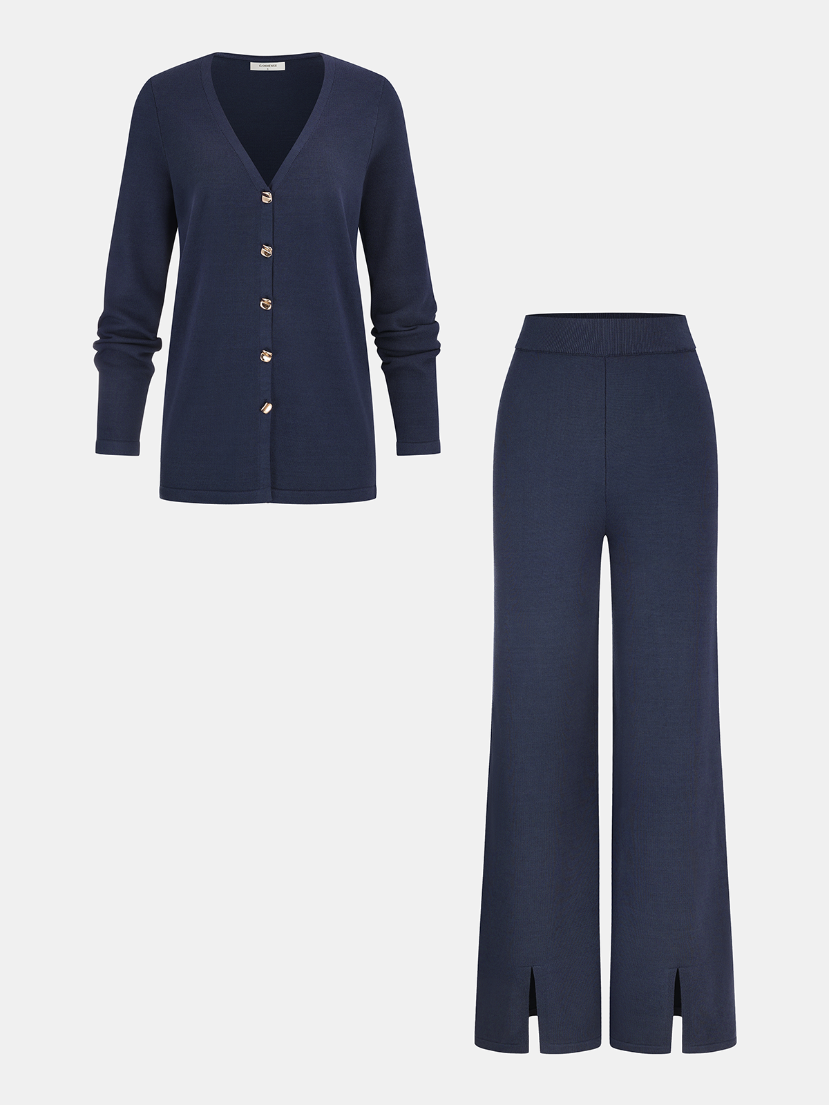 Knit V-Neck Cardigan and Slit Pants Set with Belt Tie Detail