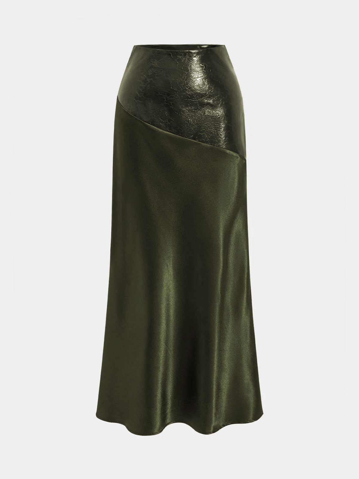 Faux Leather Panel Asymmetric Satin Maxi Skirt for Women's Evening Wear