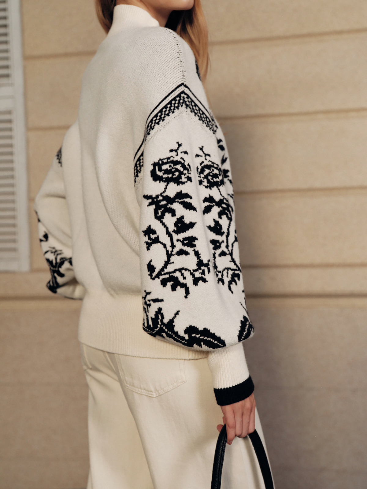 Floral Pattern Mock Neck Balloon Sleeve Sweater for Women Casual Fall Wear