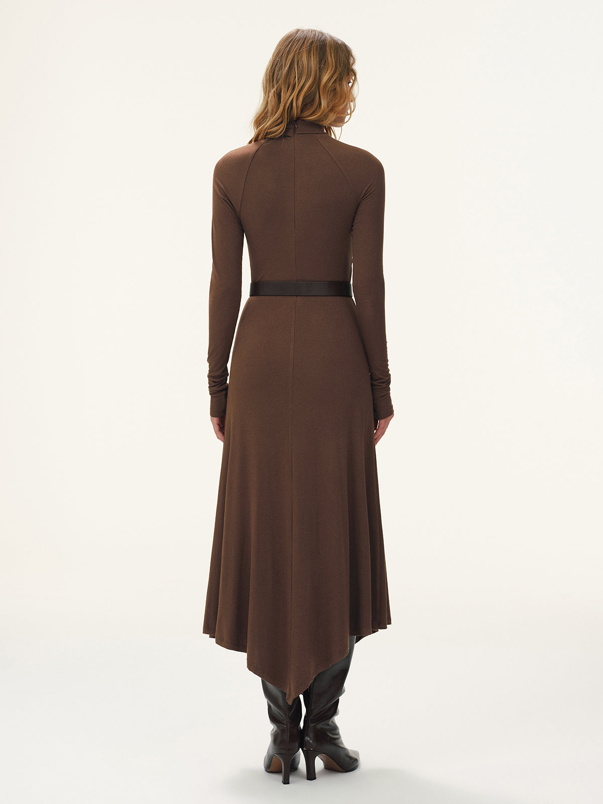 Belted Turtleneck Asymmetric Maxi Dress Elegant Long Sleeve Flowy Style