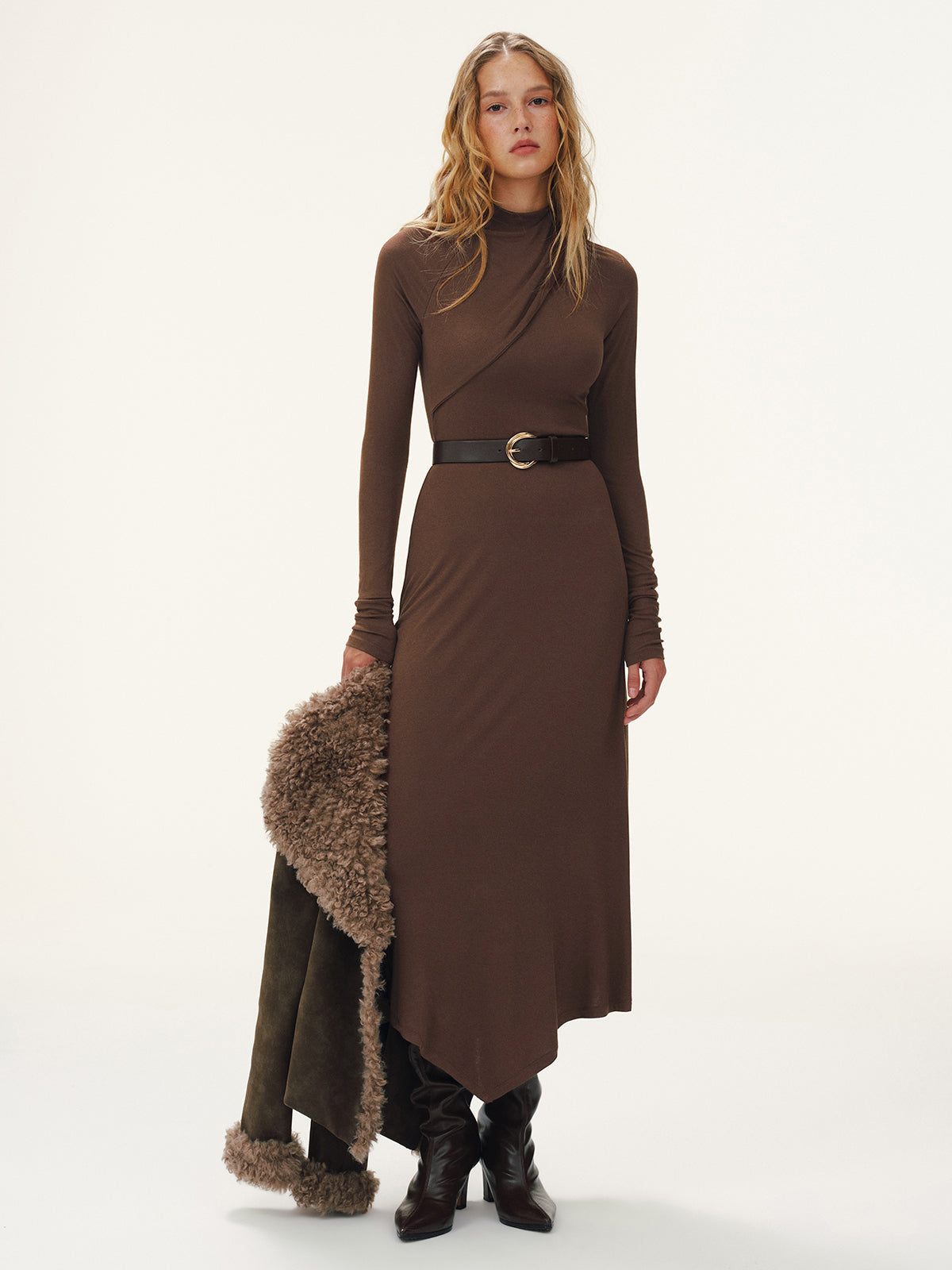 Belted Turtleneck Asymmetric Maxi Dress Elegant Long Sleeve Flowy Style