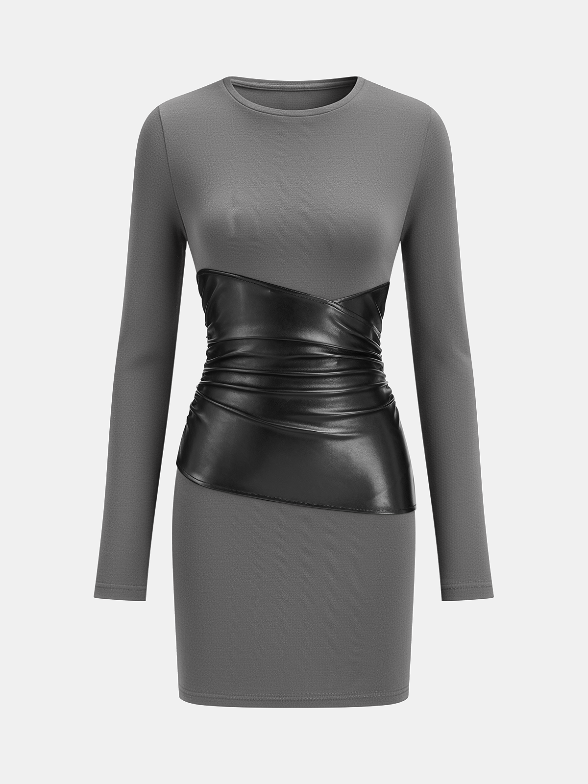 PU Leather Panel Long Sleeve Knit Dress for Women, Comfort Fit