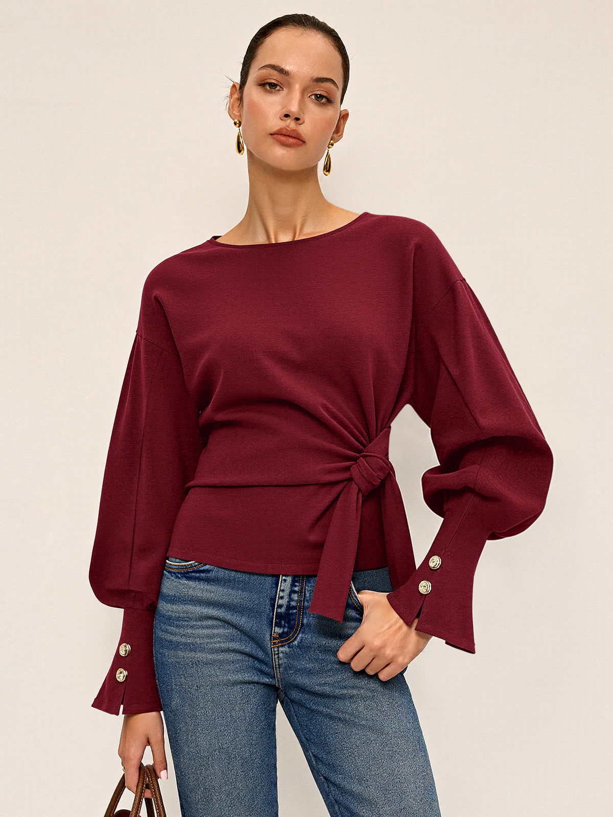 Twist Knot Balloon Sleeve Sweatshirt - Casual Women's Stylish Top Pullover