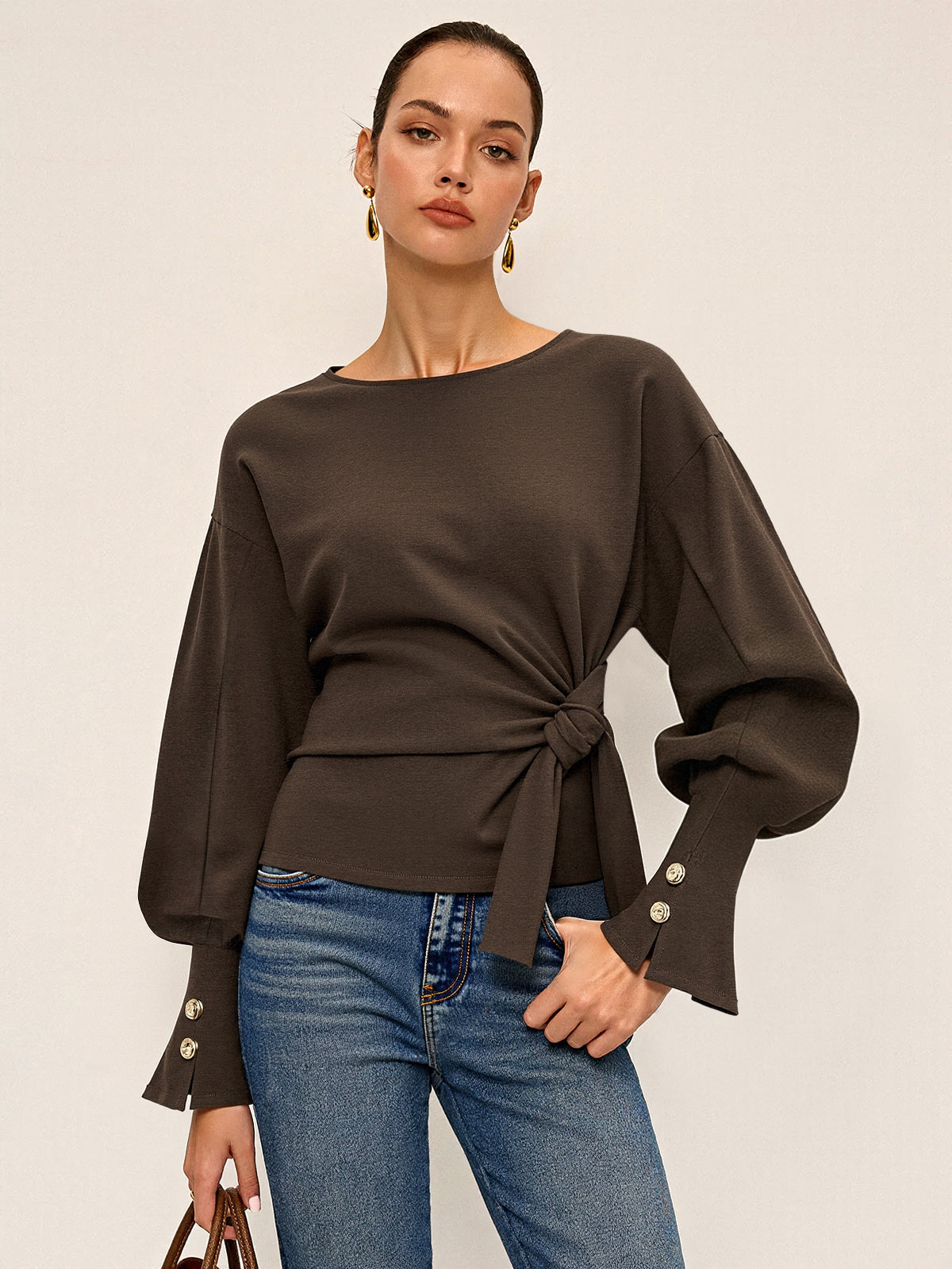 Twist Knot Balloon Sleeve Sweatshirt - Casual Women's Stylish Top Pullover