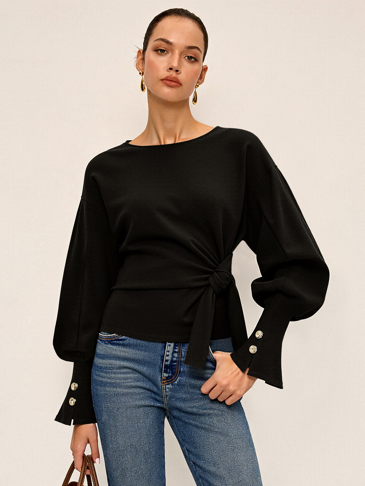 Twist Knot Balloon Sleeve Sweatshirt - Casual Women's Stylish Top Pullover