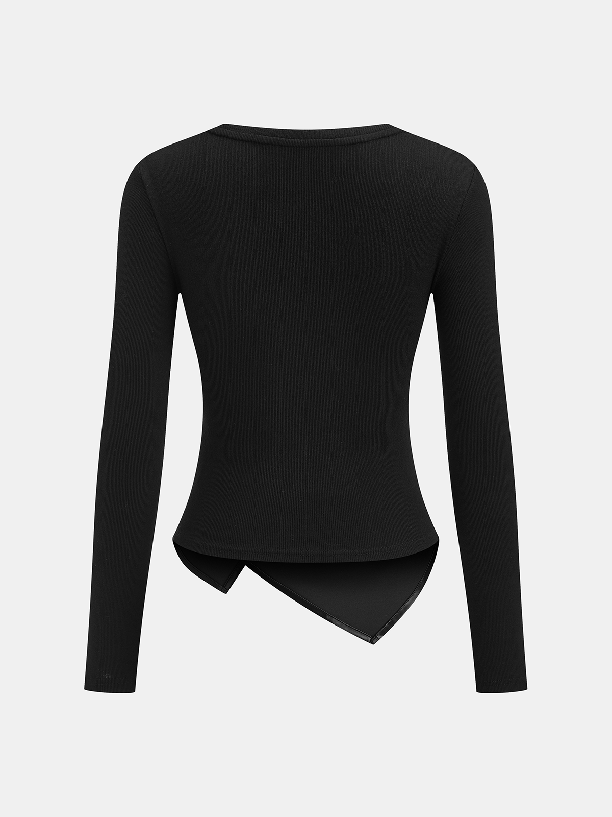 Faux Leather Panel Asymmetric Knit Top with Long Sleeves and Modern Design
