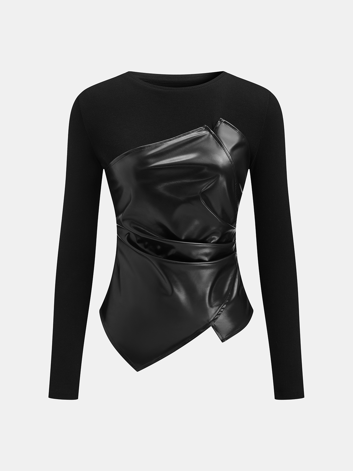 Faux Leather Panel Asymmetric Knit Top with Long Sleeves and Modern Design