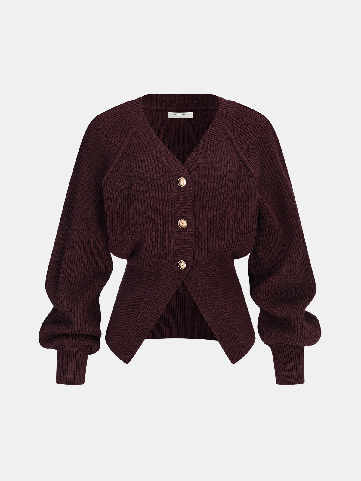 Metal Button Cinched Waist Knit Cardigan with Ribbed Trim Detail