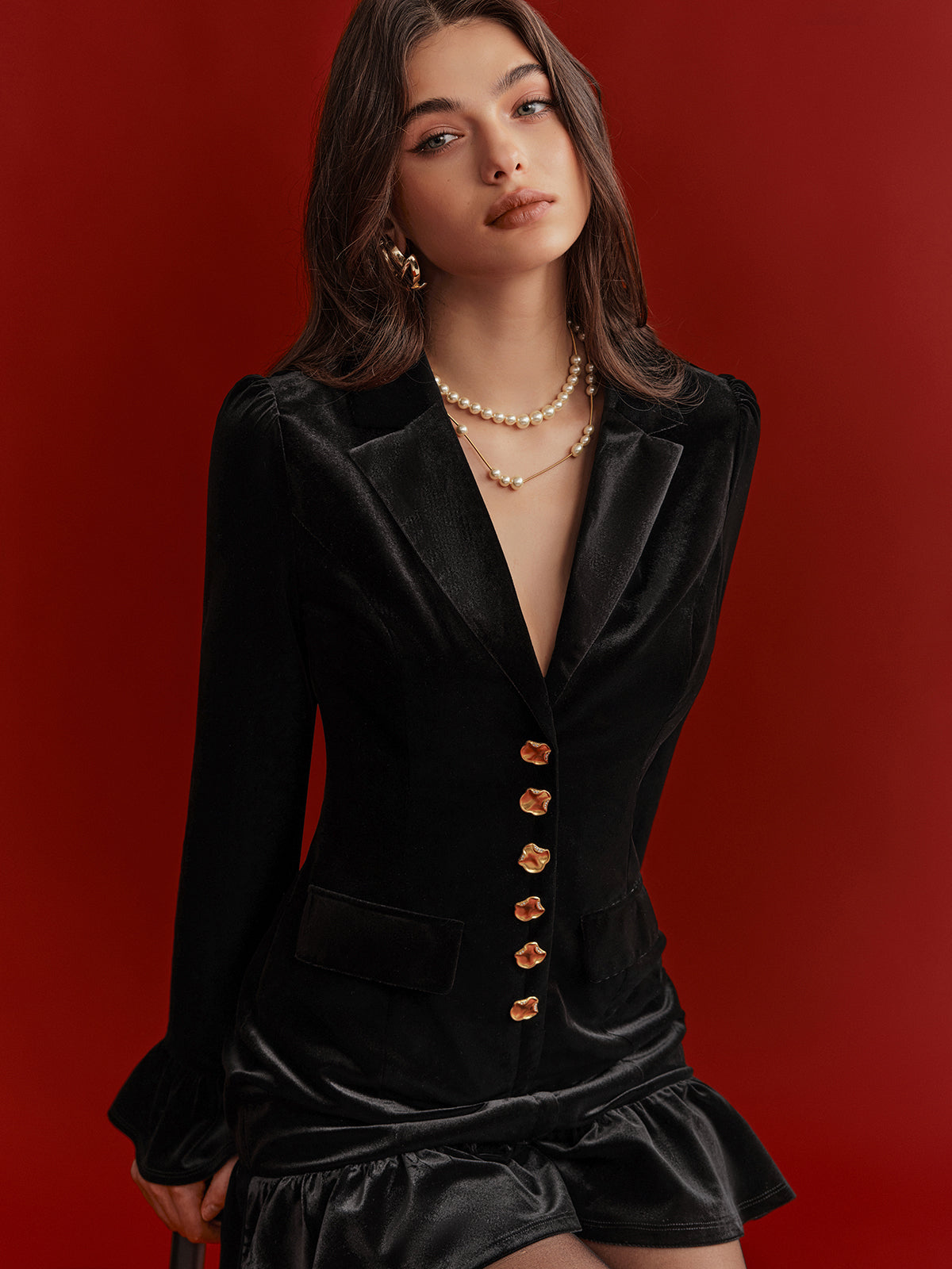 Elegant Metal Button Ruffled Hem Velvet Blazer Dress for Women