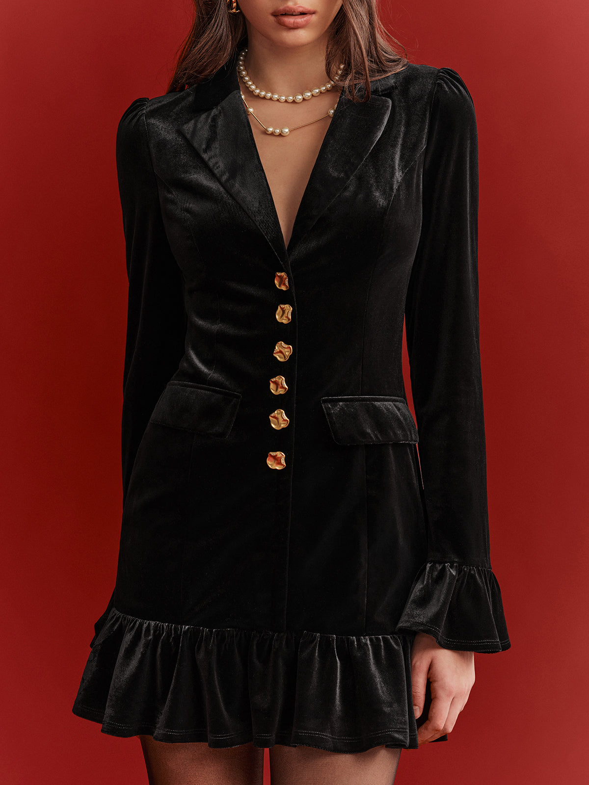 Elegant Metal Button Ruffled Hem Velvet Blazer Dress for Women