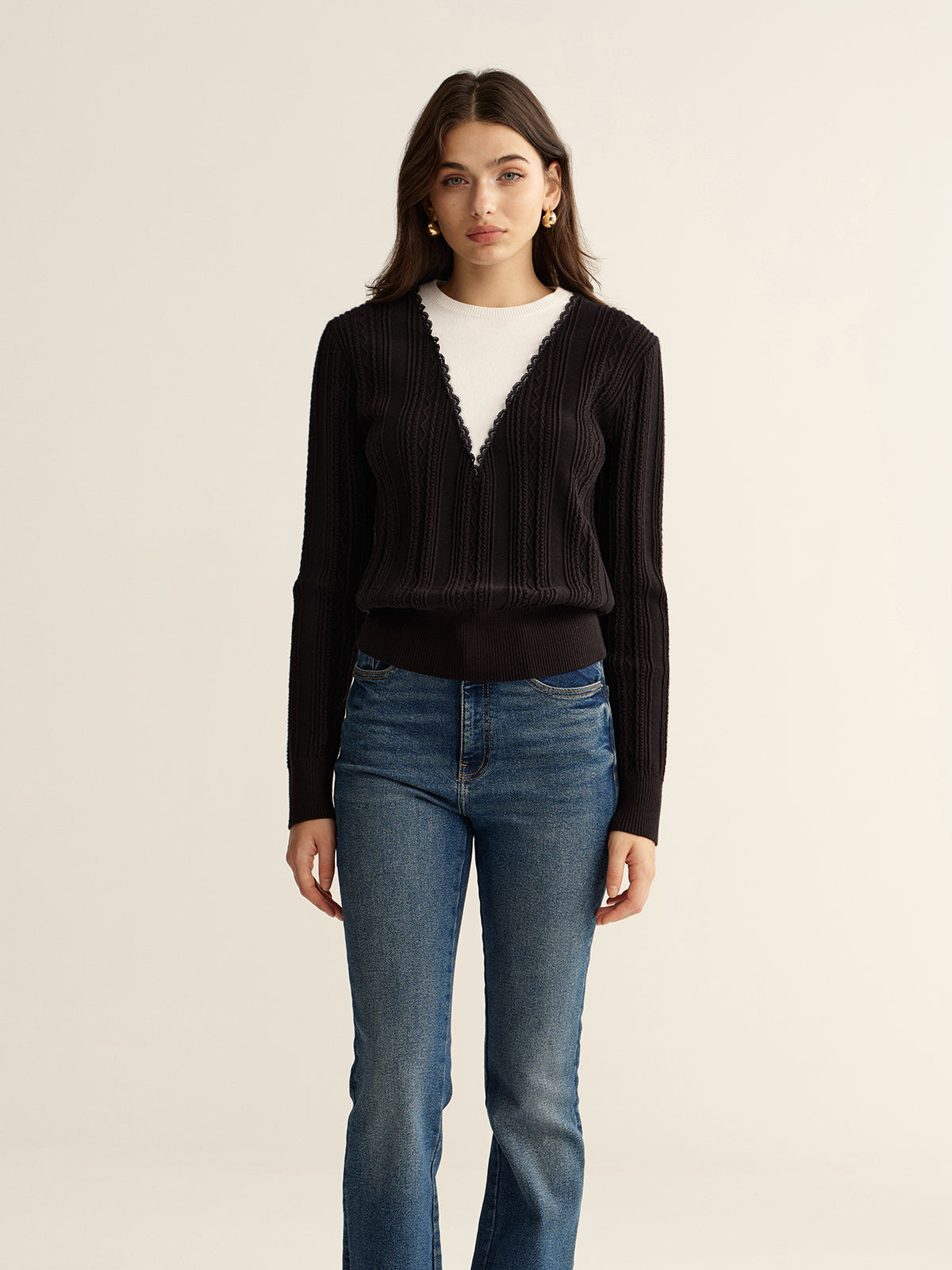 Enhanced with Dual Texture 2 in 1 Lace Trim Two-Tone Sweater for Chic Style