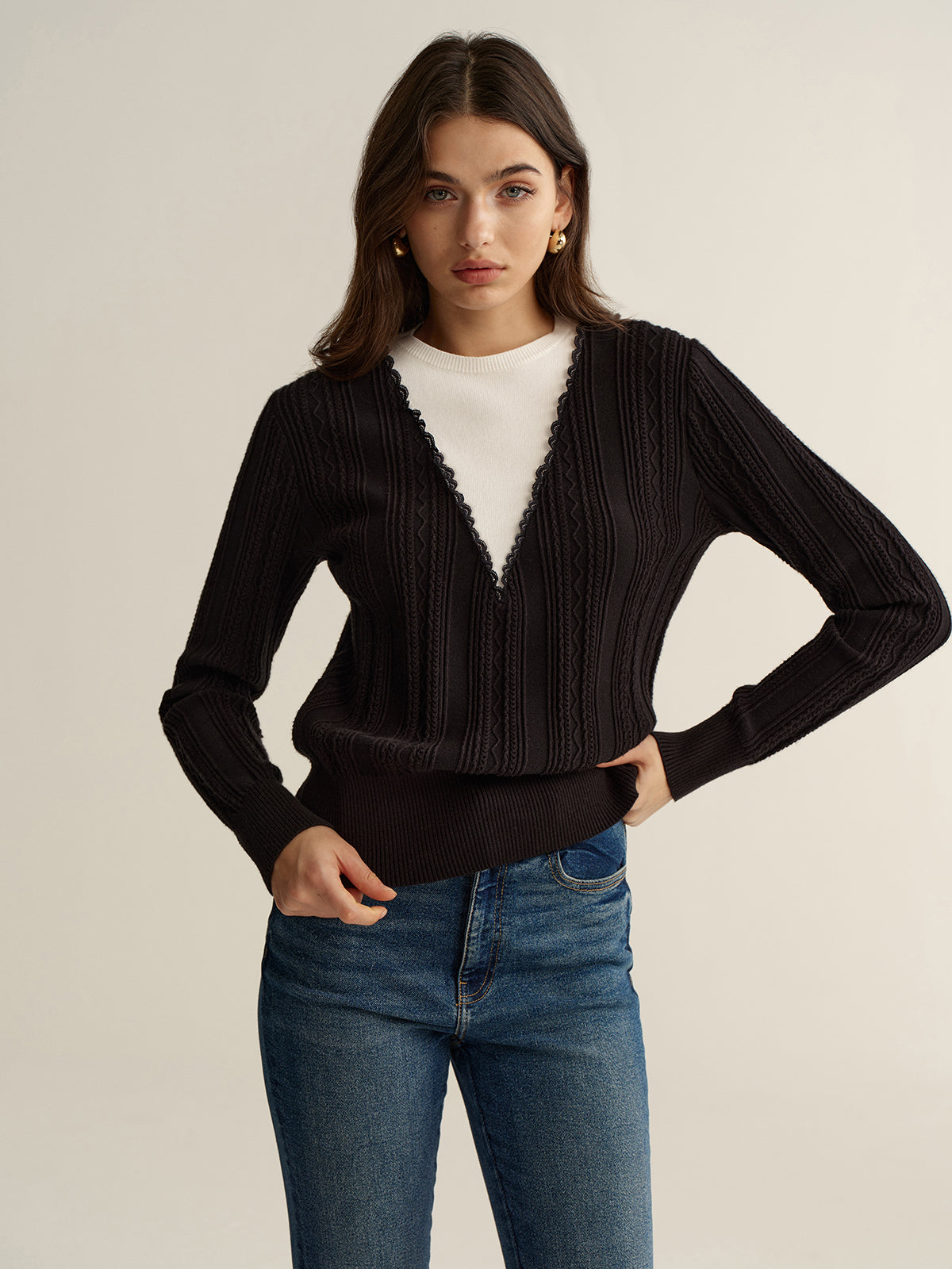 Enhanced with Dual Texture 2 in 1 Lace Trim Two-Tone Sweater for Chic Style