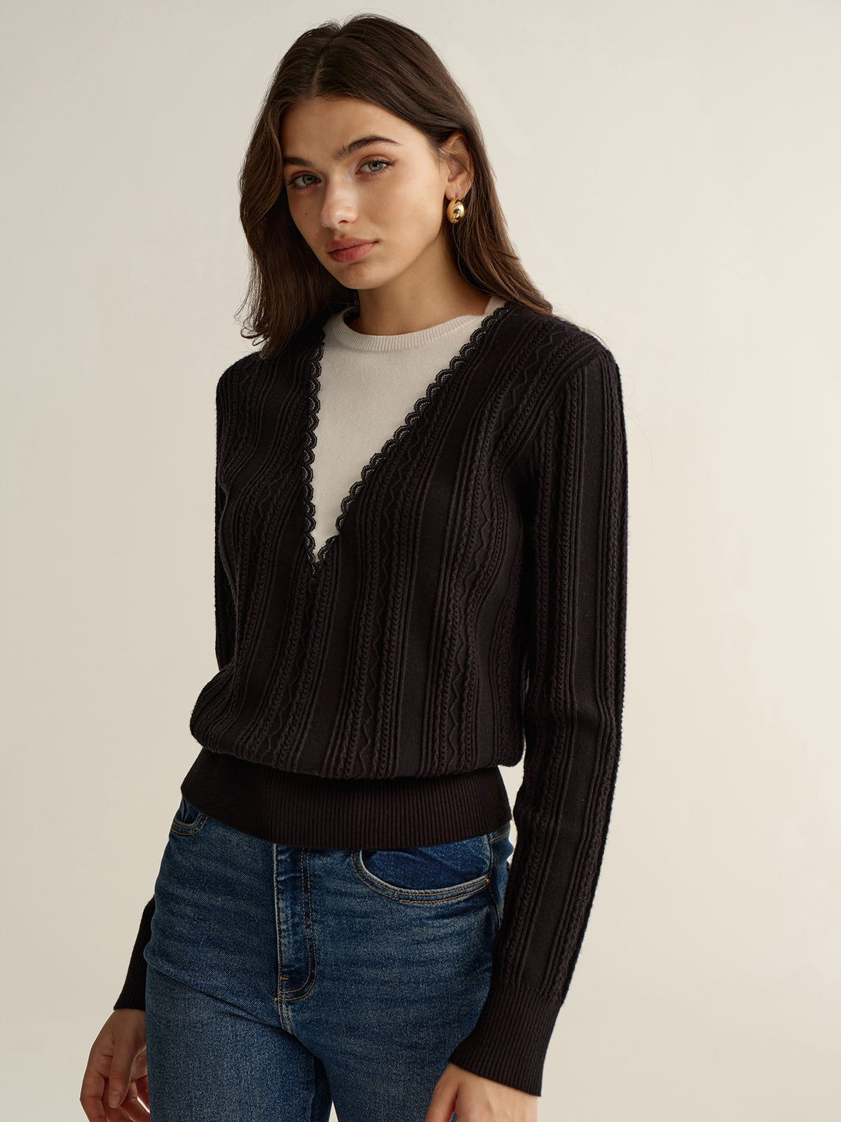 Enhanced with Dual Texture 2 in 1 Lace Trim Two-Tone Sweater for Chic Style