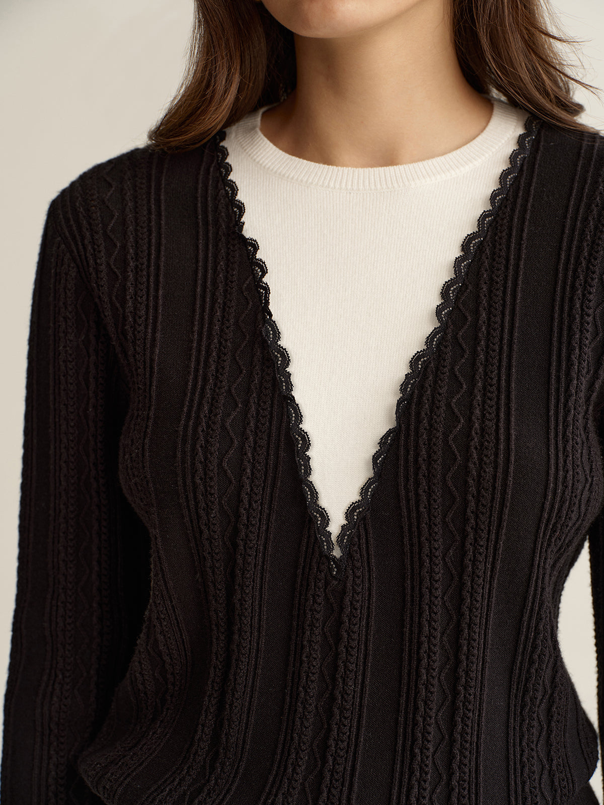 Enhanced with Dual Texture 2 in 1 Lace Trim Two-Tone Sweater for Chic Style
