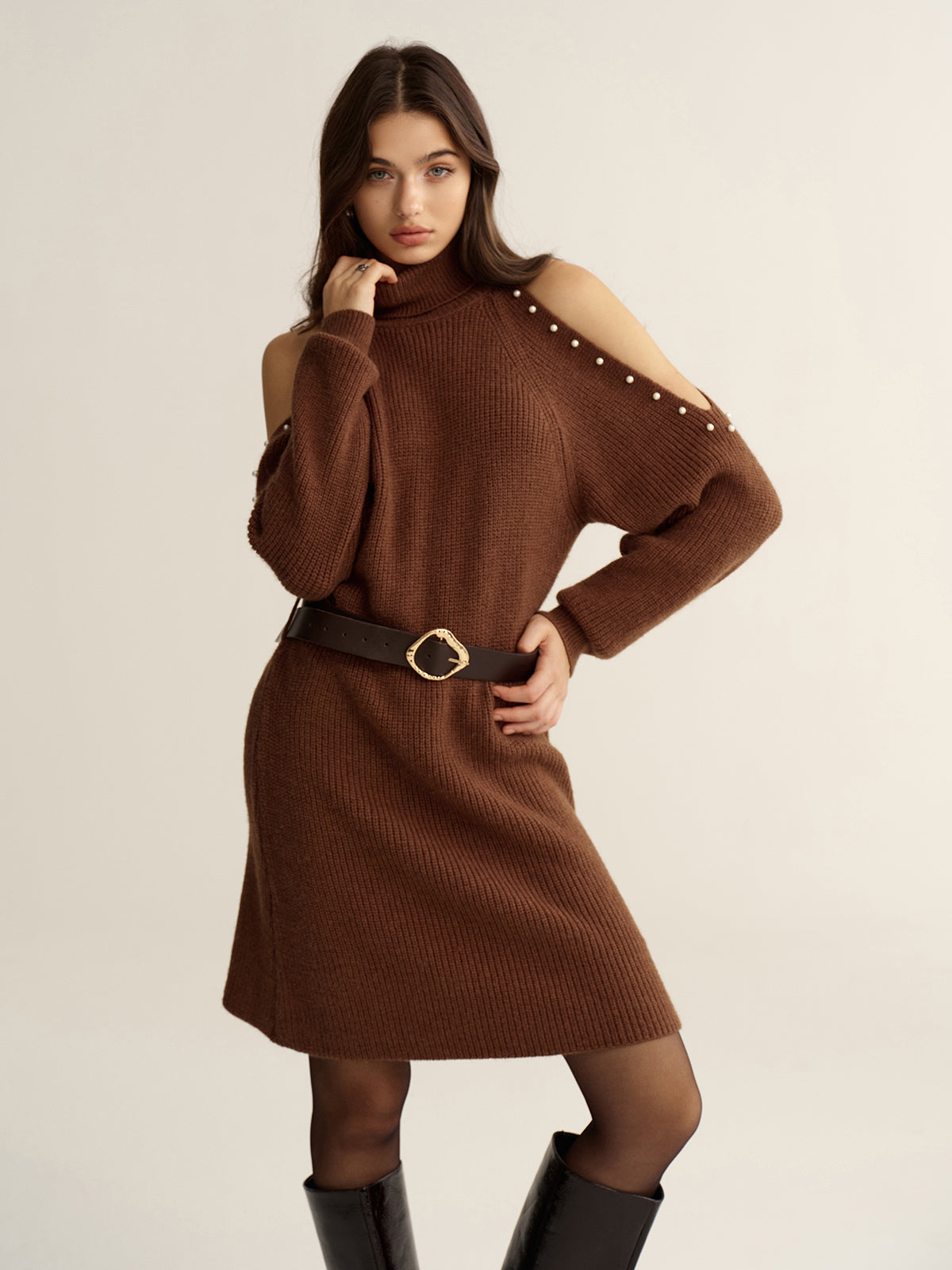 Belted Cold-Shoulder Turtleneck Knit Dress Fall Fashion Women's Essential