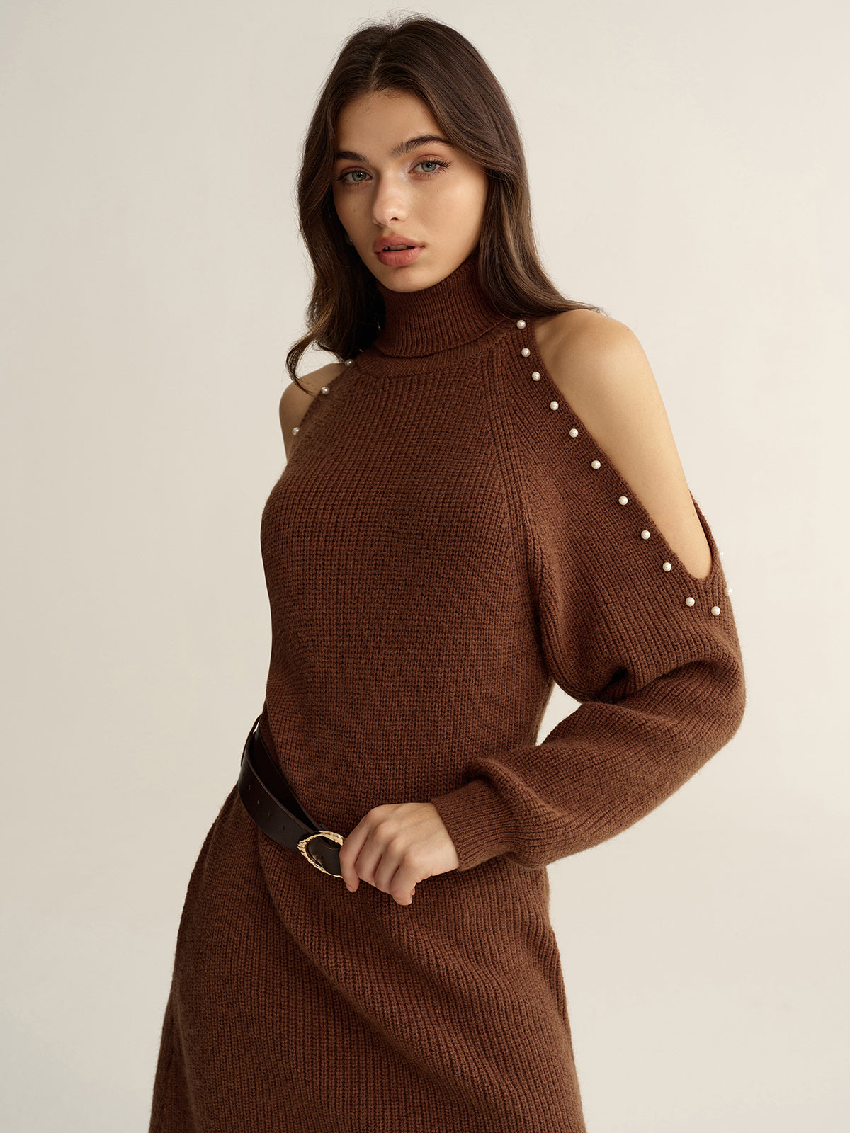 Belted Cold-Shoulder Turtleneck Knit Dress Fall Fashion Women's Essential