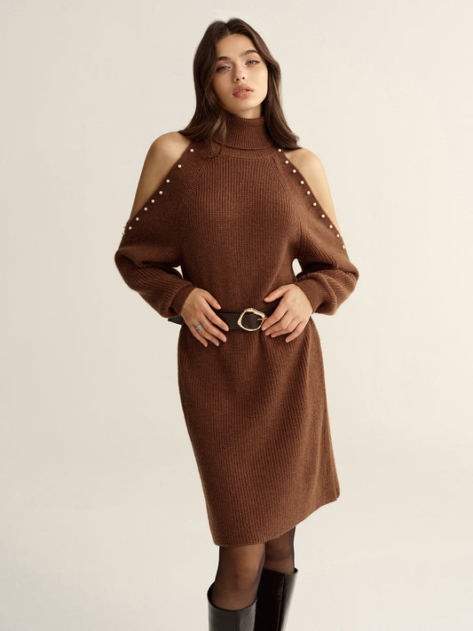 Belted Cold-Shoulder Turtleneck Knit Dress Fall Fashion Women's Essential