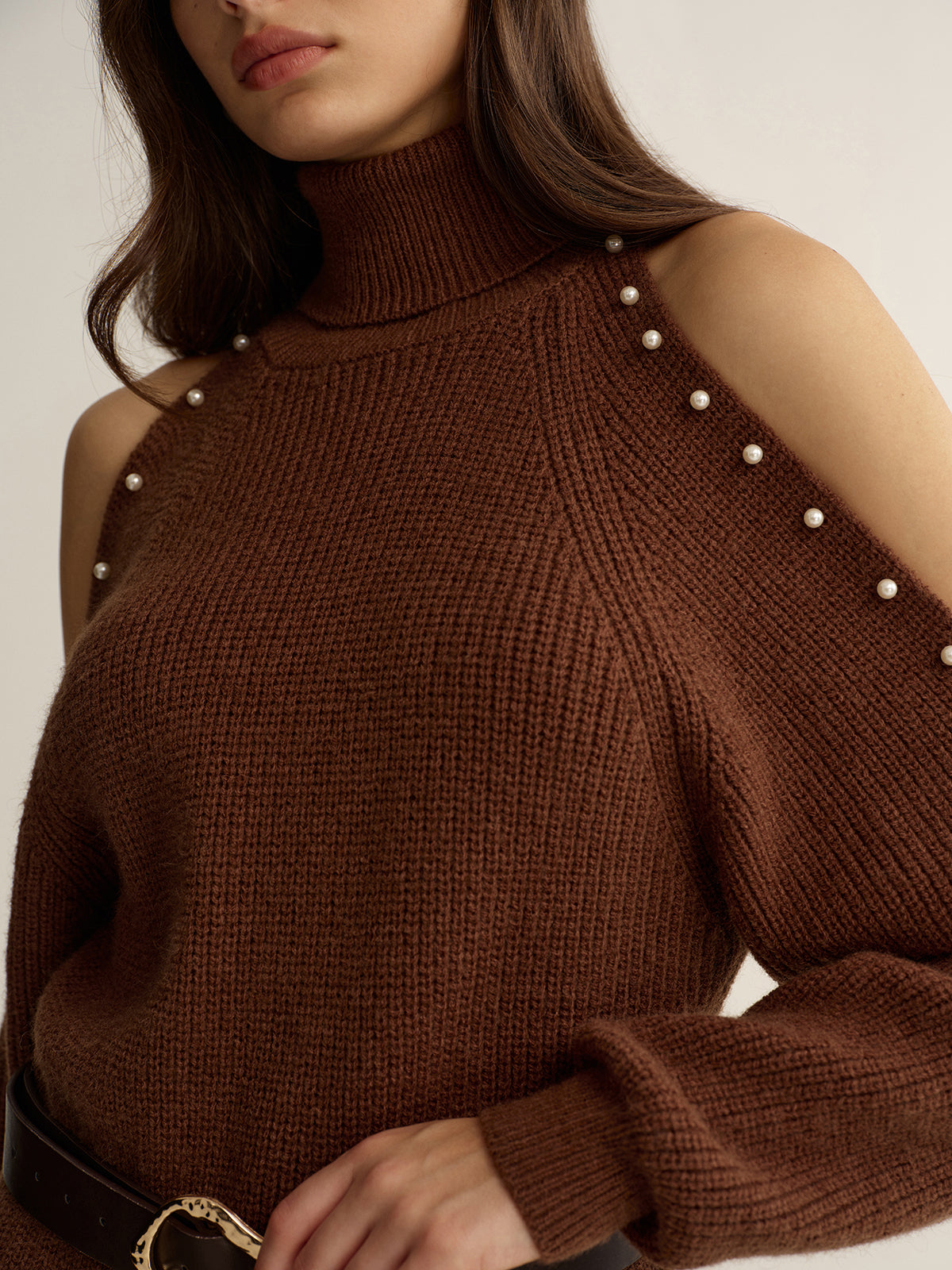 Belted Cold-Shoulder Turtleneck Knit Dress Fall Fashion Women's Essential