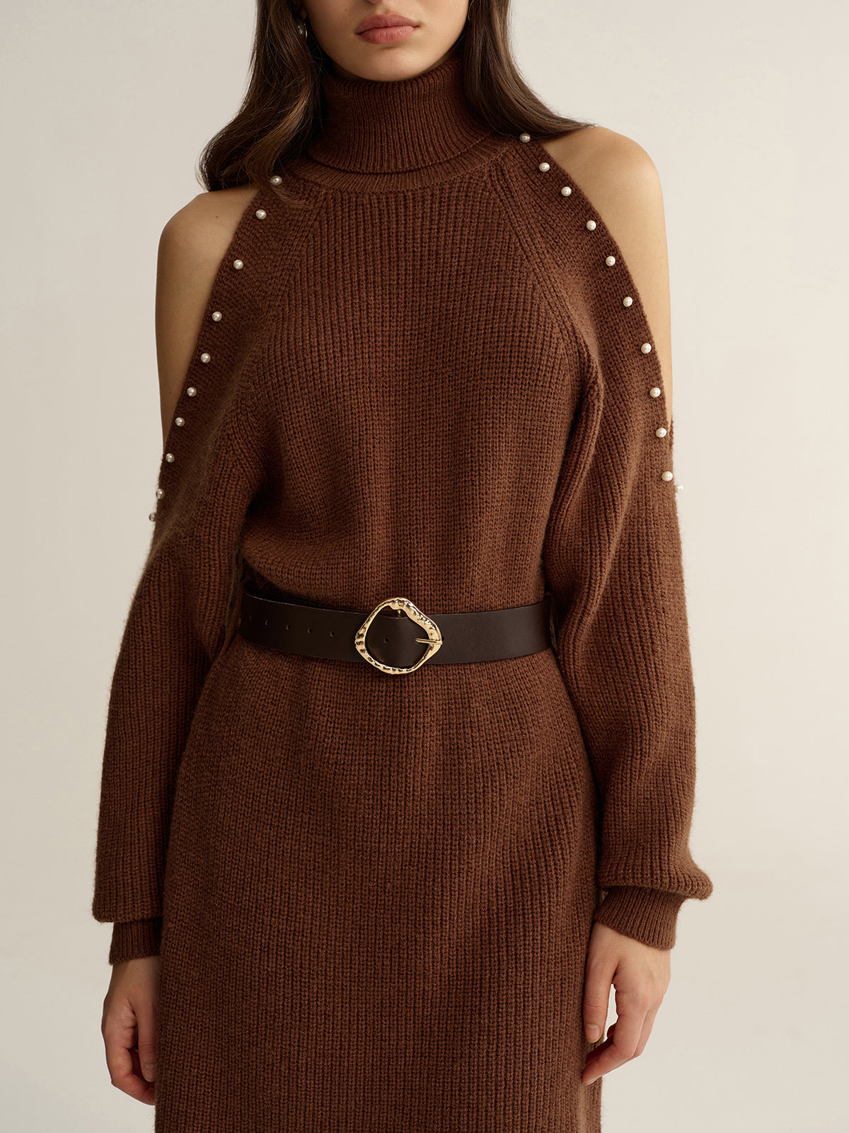 Belted Cold-Shoulder Turtleneck Knit Dress Fall Fashion Women's Essential