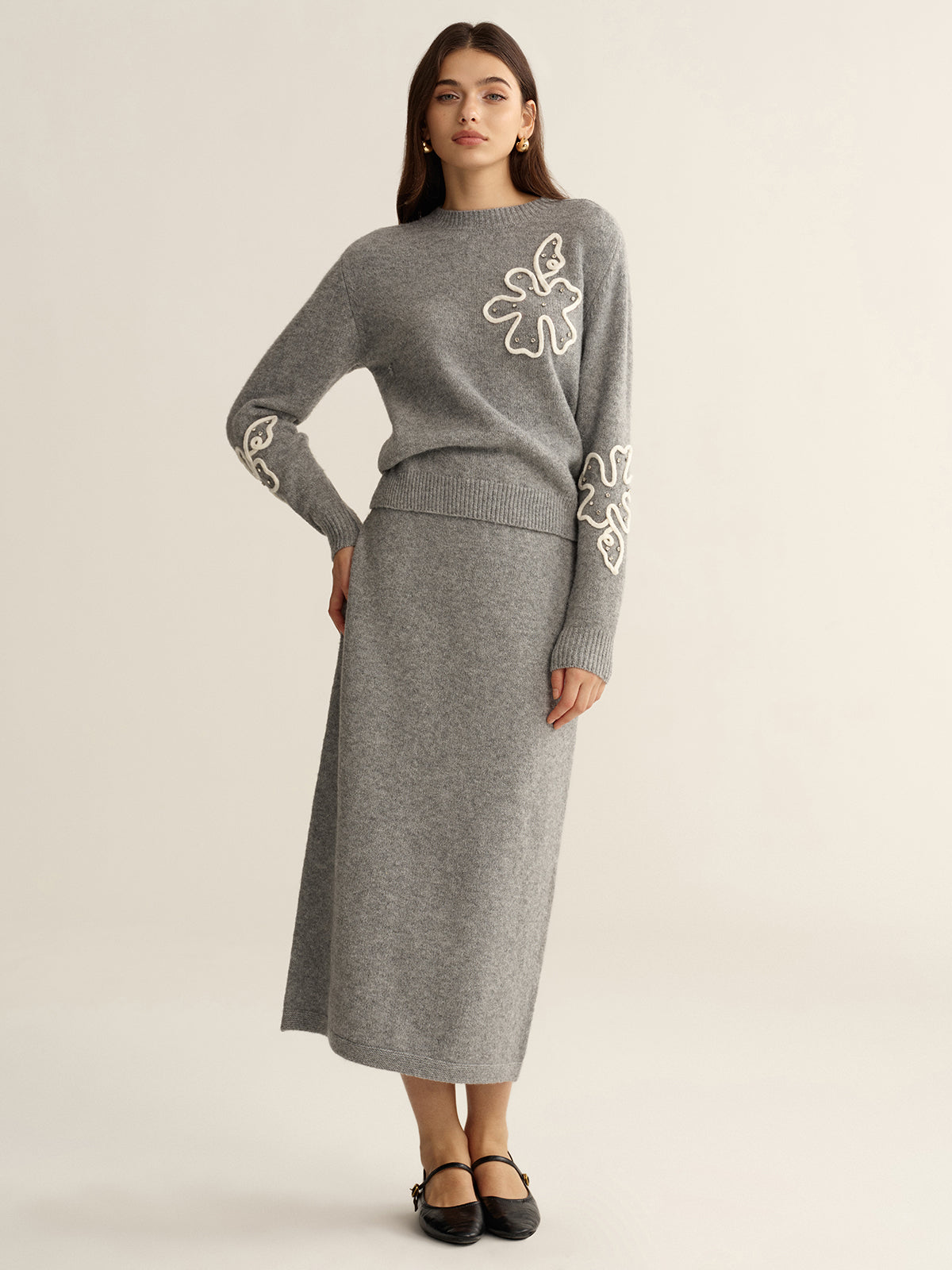 Floral Applique Sweater and Midi Skirt Set for Elegant Women's Fashion