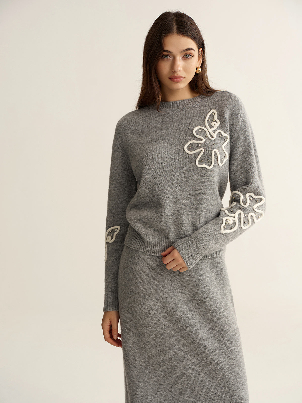 Floral Applique Sweater and Midi Skirt Set for Elegant Women's Fashion