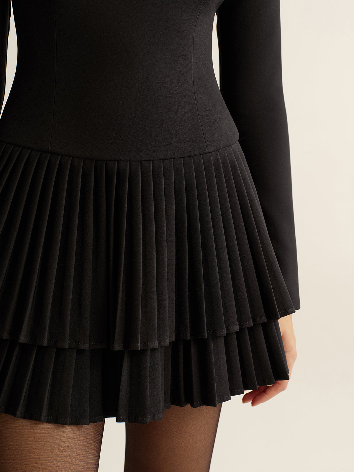 Long Sleeve Tiered Pleated Mini Dress with Ruffled Collar Detail