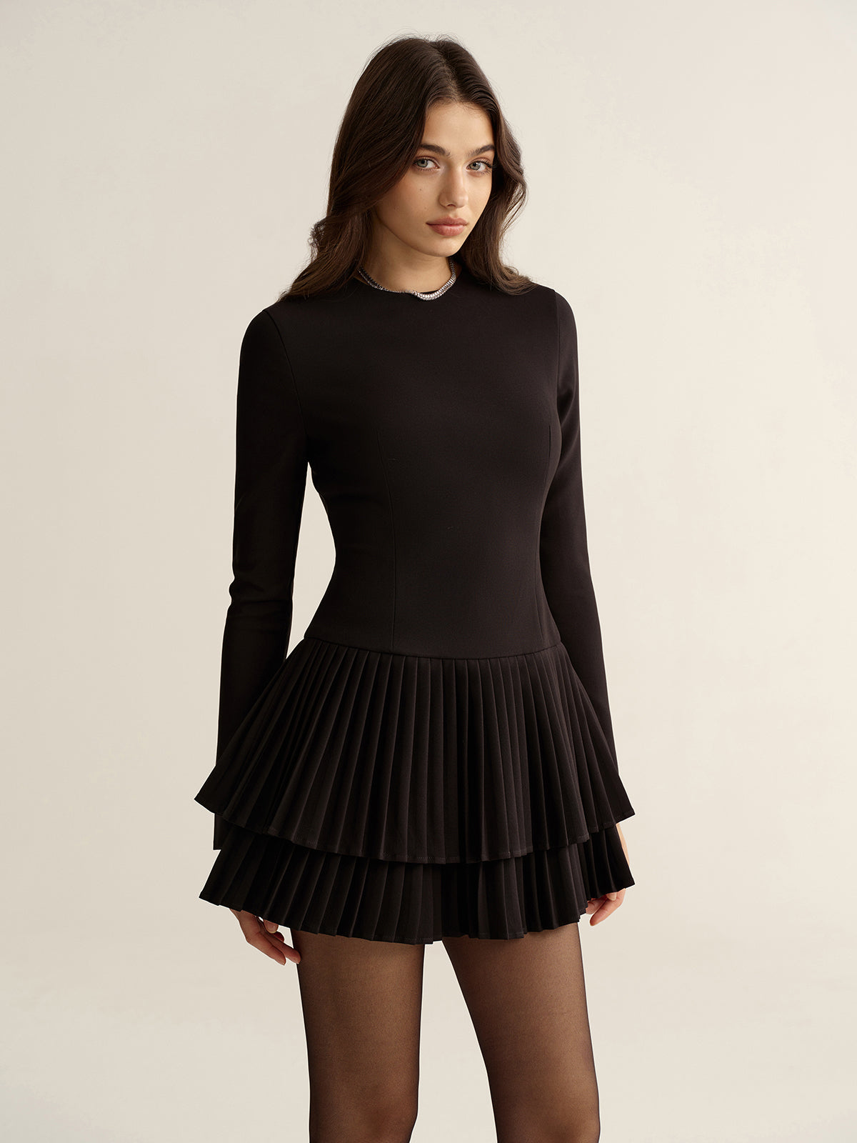 Long Sleeve Tiered Pleated Mini Dress with Ruffled Collar Detail