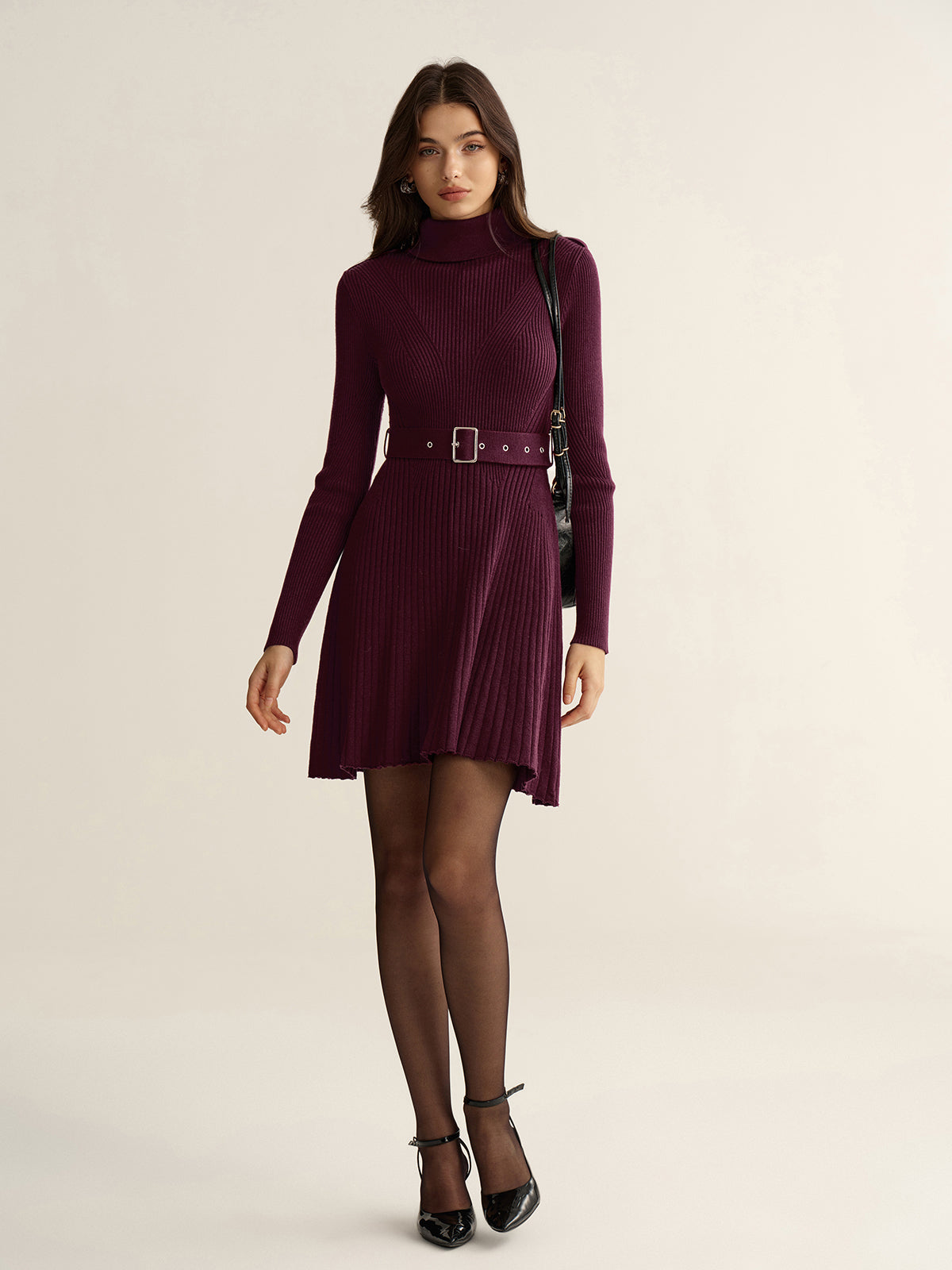 Belted Turtleneck Ribbed Knit Mini Dress Women's Winter Fashion